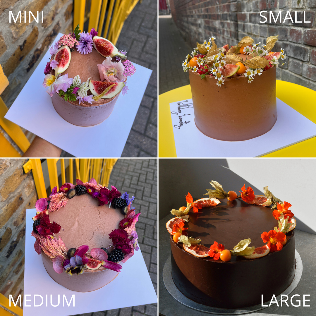 Fudgy double chocolate cake size guide: mini, small, medium and large, decorated with figs and edible flowers
